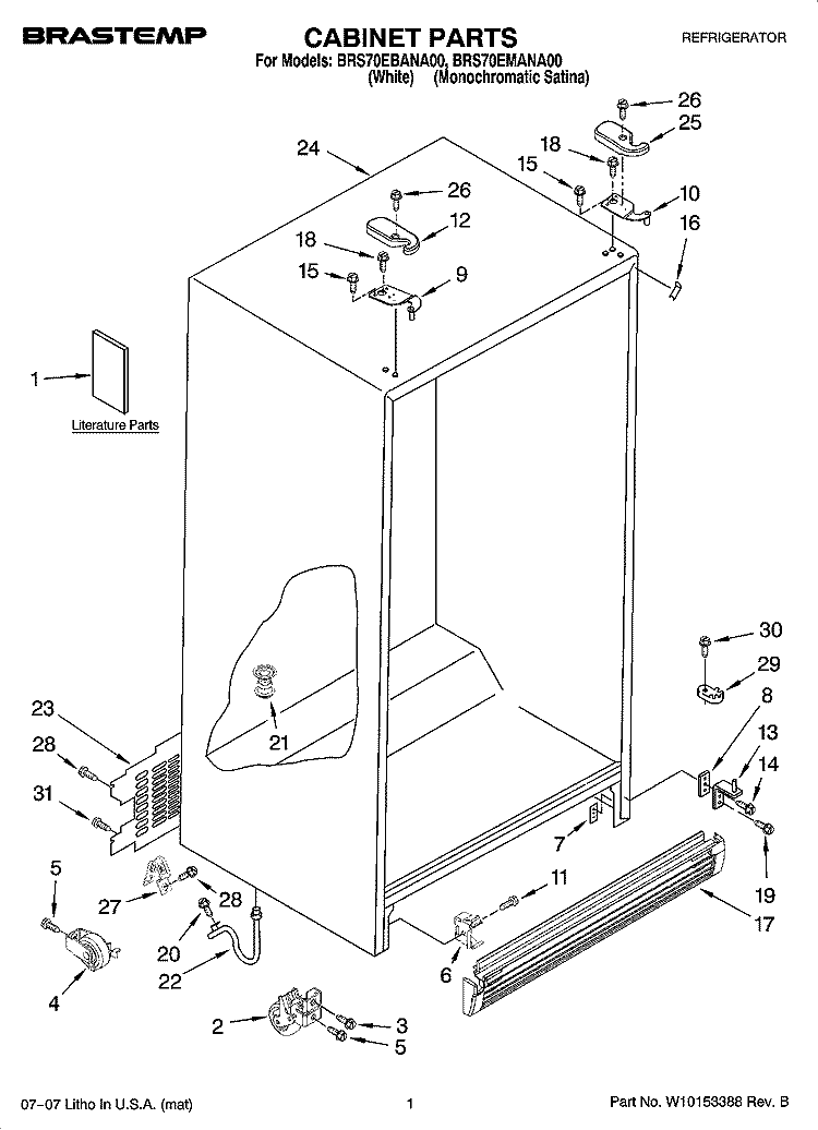 CABINET PARTS Diagram and Parts List for BRS70EMANA00  Whirlpool Refrigerator
