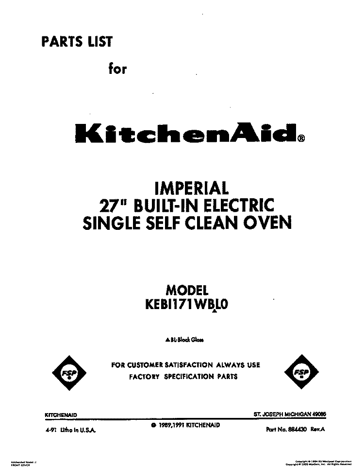 COVER Diagram and Parts List for KEBI171WBL0  KitchenAid Wall Oven