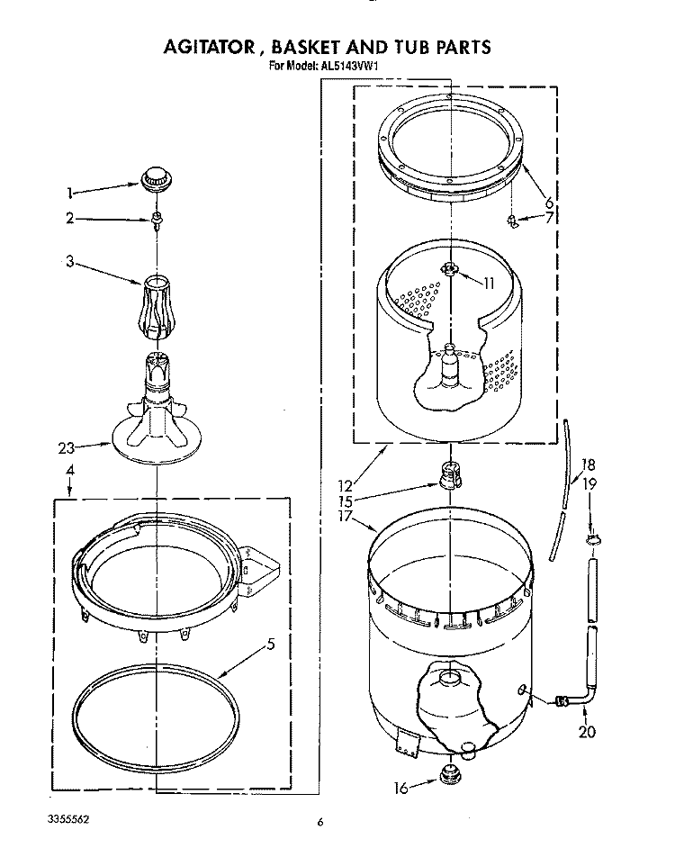 AGITATOR, BASKET AND TUB Diagram and Parts List for AL5143VW1  Whirlpool Washer