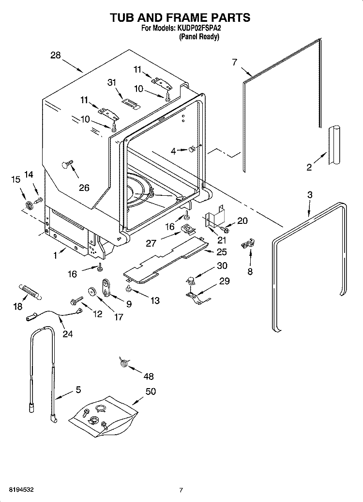 TUB AND FRAME PARTS Diagram and Parts List for KUDP02FSPA2  KitchenAid Dishwasher