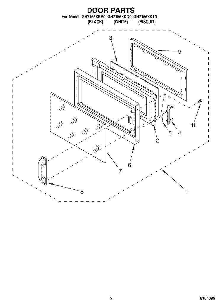 DOOR Diagram and Parts List for GH7155XKB0  Whirlpool Microwave