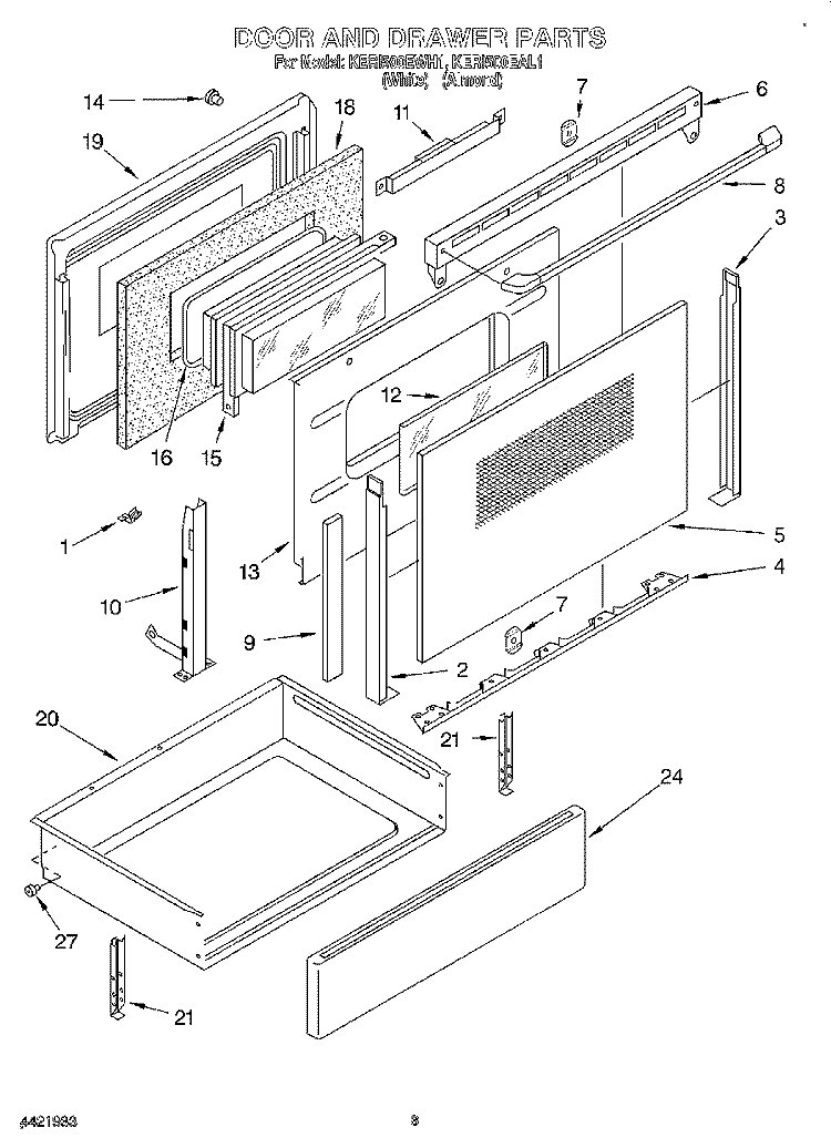 DOOR AND DRAWER Diagram and Parts List for KERI500EWH1  KitchenAid Range
