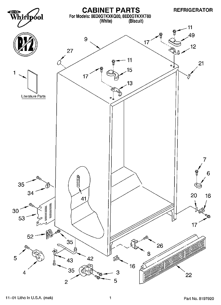 CABINET, LITERATURE Diagram and Parts List for 8ED0GTKXKT00  Whirlpool Refrigerator