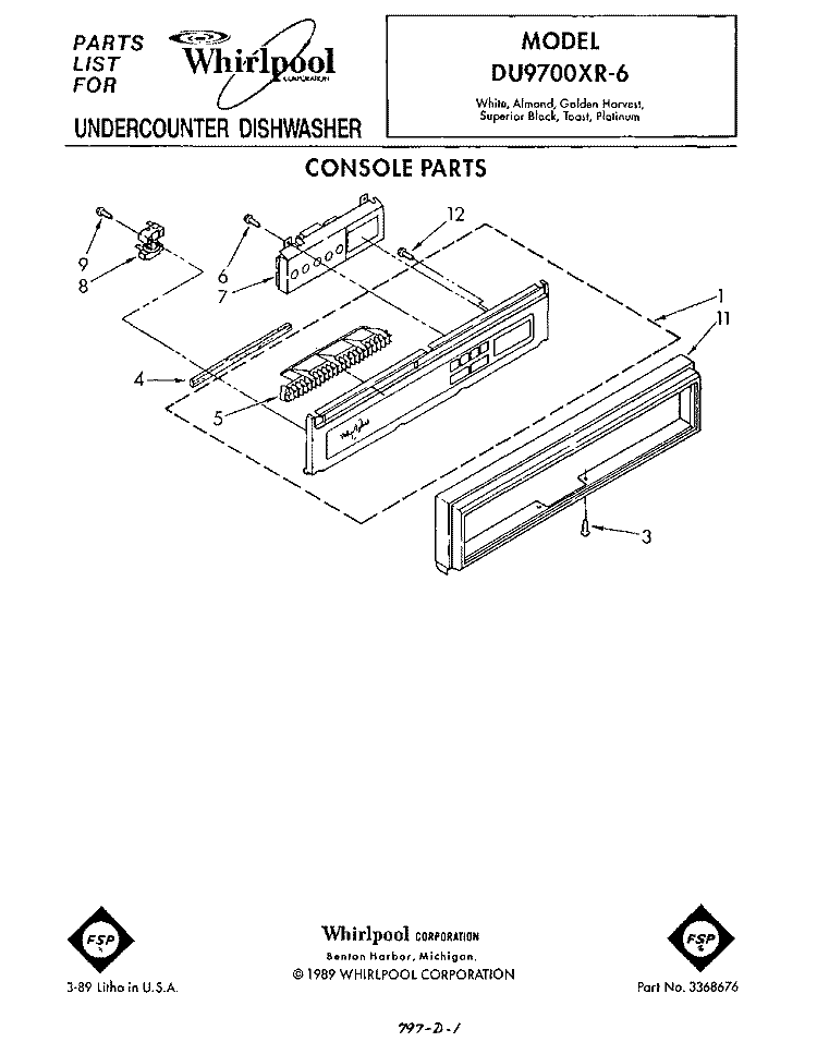 CONSOLE Diagram and Parts List for DU9700XR6  Whirlpool Dishwasher