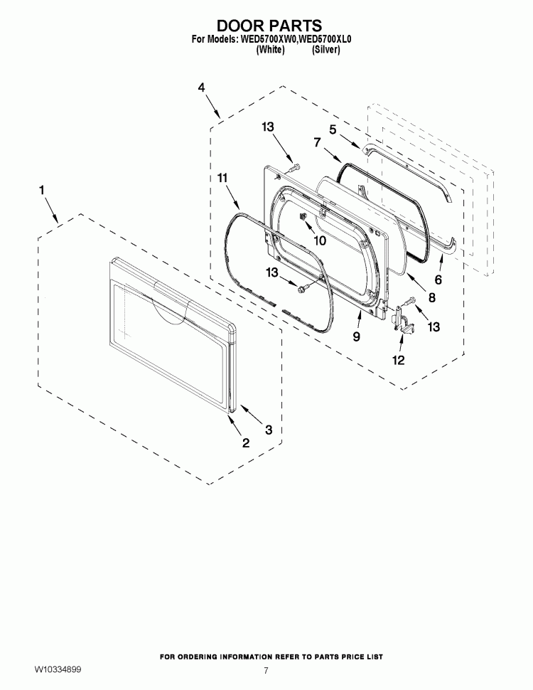 DOOR PARTS Diagram and Parts List for WED5700XW0  Whirlpool Dryer