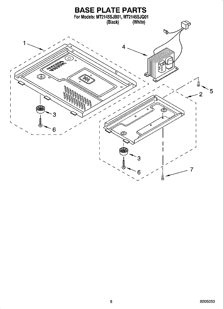 BASE PLATE PARTS Diagram and Parts List for MT2145SJQ01  Whirlpool Microwave