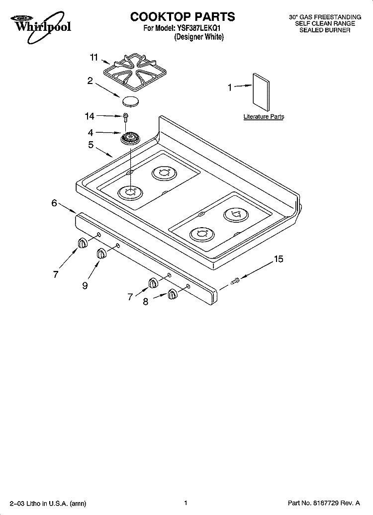 COOKTOP PARTS Diagram and Parts List for YSF387LEKQ1  Whirlpool Range