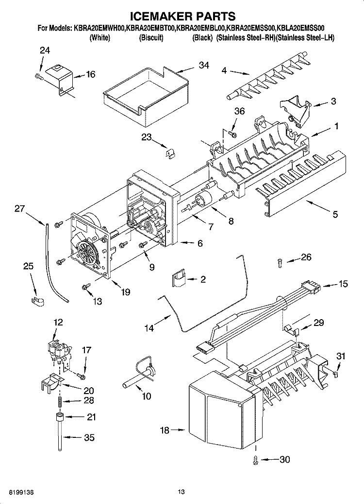ICEMAKER PARTS Diagram and Parts List for KBRA20EMBT00  KitchenAid Refrigerator
