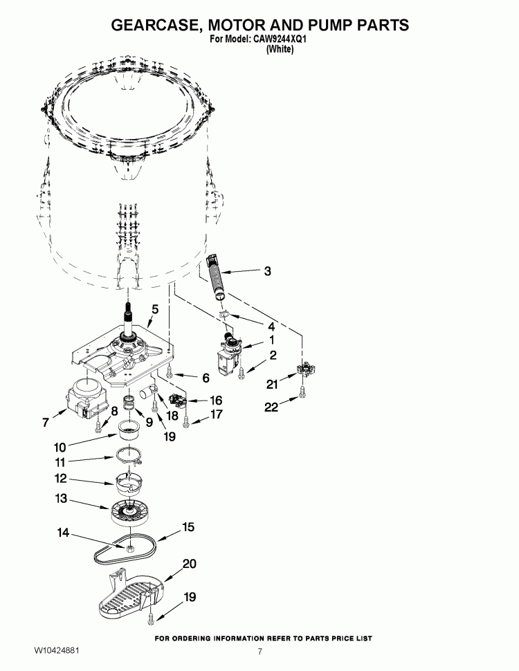 GEARCASE, MOTOR AND PUMP PARTS Diagram and Parts List for CAW9244XQ1  Whirlpool Washer