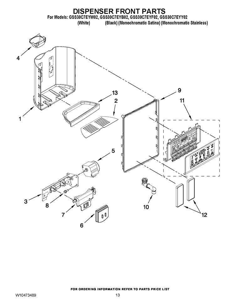 DISPENSER FRONT PARTS Diagram and Parts List for GSS30C7EYF02  Whirlpool Refrigerator