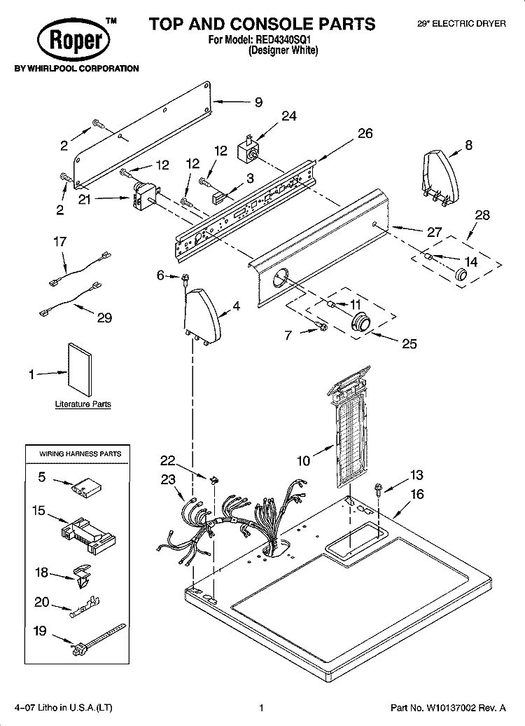 TOP AND CONSOLE PARTS Diagram and Parts List for RED4340SQ1  Roper Dryer