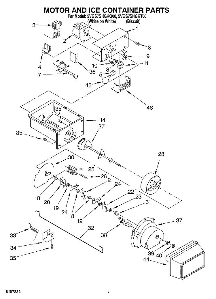 MOTOR AND ICE CONTAINER Diagram and Parts List for 5VGS7SHGKT00  Whirlpool Refrigerator