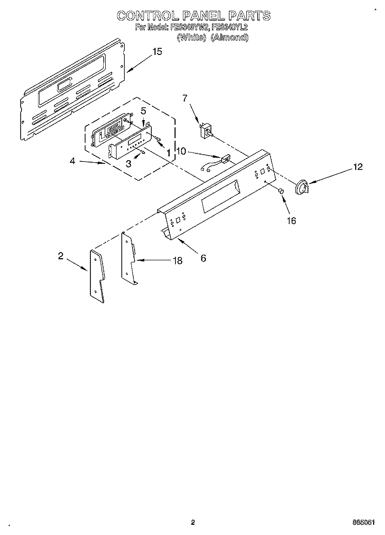 CONTROL PANEL Diagram and Parts List for FES340YW2  Roper Range