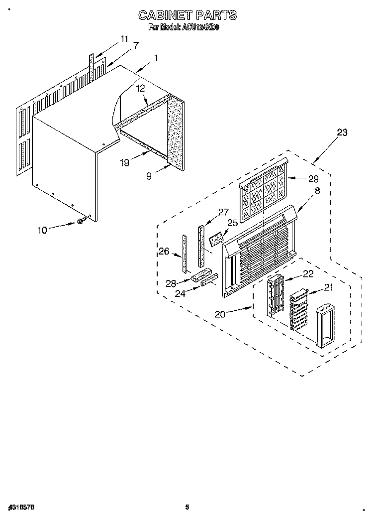 CABINET Diagram and Parts List for ACU124XD0  Whirlpool Air Conditioner