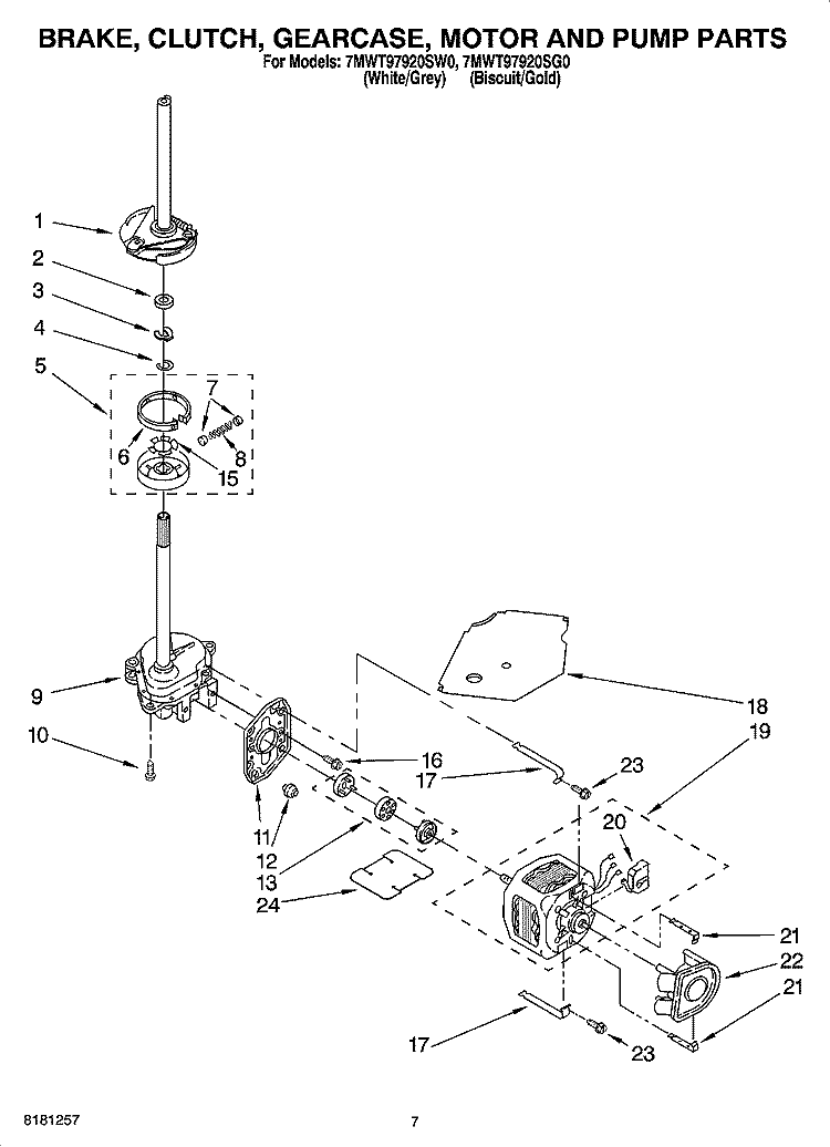 BRAKE, CLUTCH, GEARCASE, MOTOR AND PUMP PARTS Diagram and Parts List for 7MWT97920SW0  Whirlpool Washer