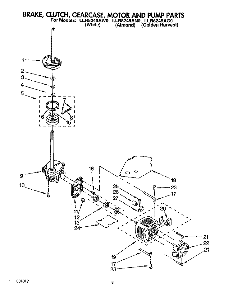 BRAKE, CLUTCH, GEARCASE, MOTOR AND PUMP Diagram and Parts List for LLR8245AG0  Whirlpool Washer