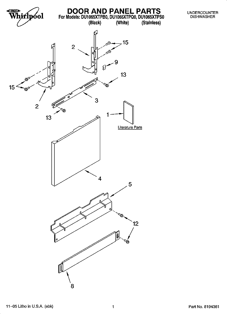 DOOR AND PANEL PARTS Diagram and Parts List for DU1065XTPB0  Whirlpool Dishwasher