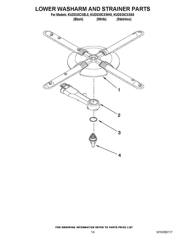 LOWER WASHARM AND STRAINER PARTS Diagram and Parts List for KUDS30CXBL5  KitchenAid Dishwasher
