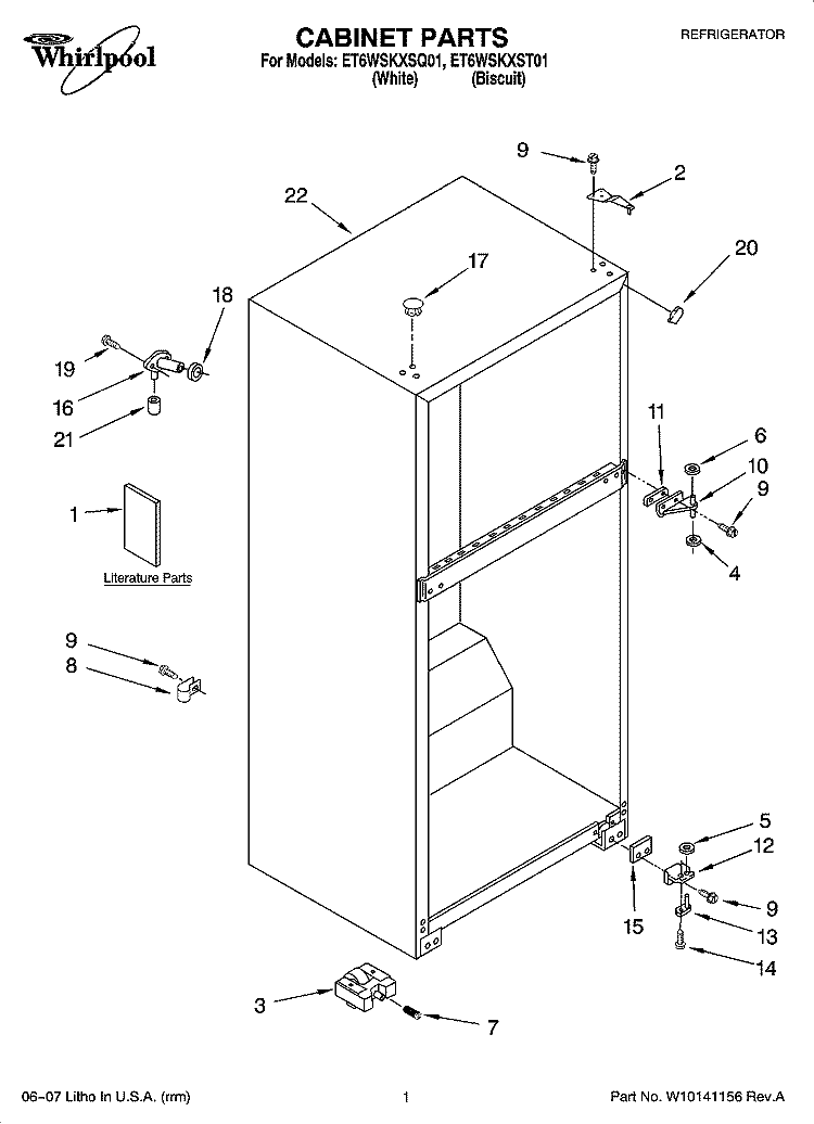 CABINET PARTS Diagram and Parts List for ET6WSKXSQ01  Whirlpool Refrigerator