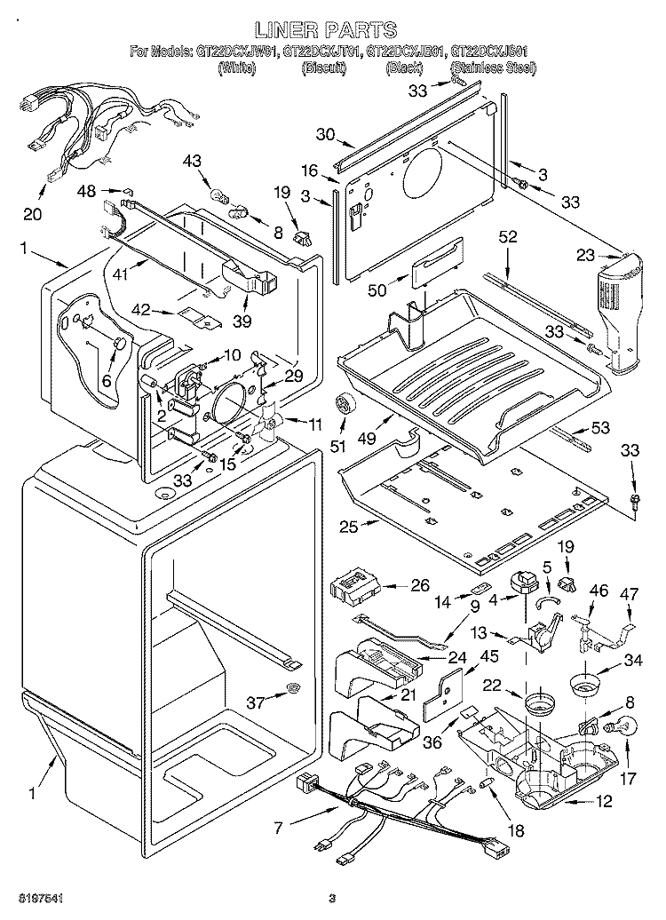 LINER Diagram and Parts List for GT22DCXJW01  Whirlpool Refrigerator