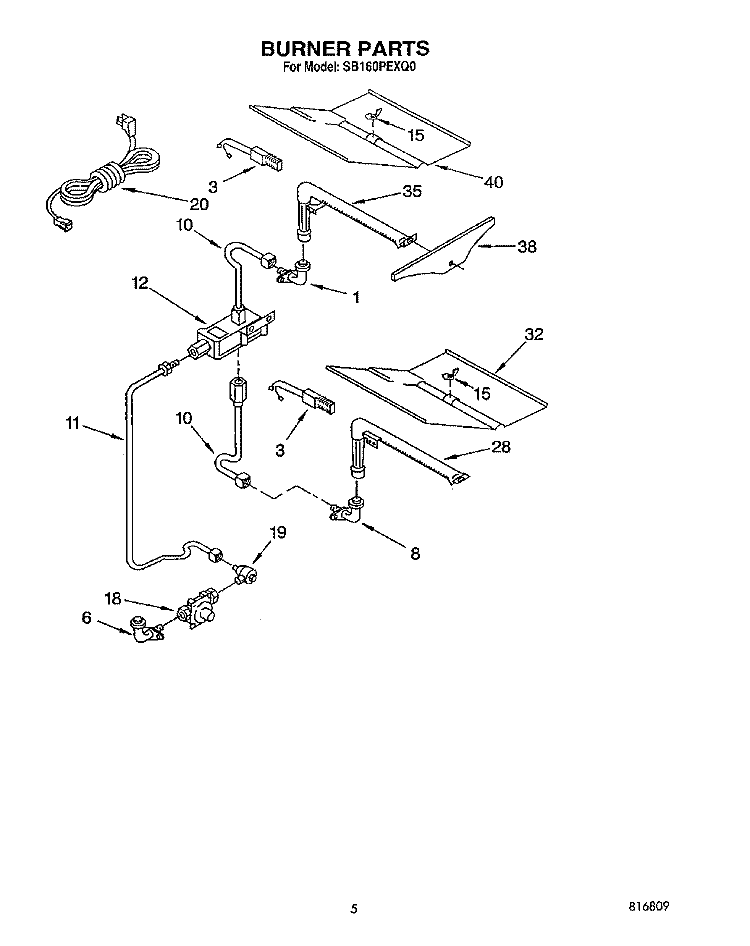BURNER Diagram and Parts List for SB160PEXQ0  Whirlpool Wall Oven