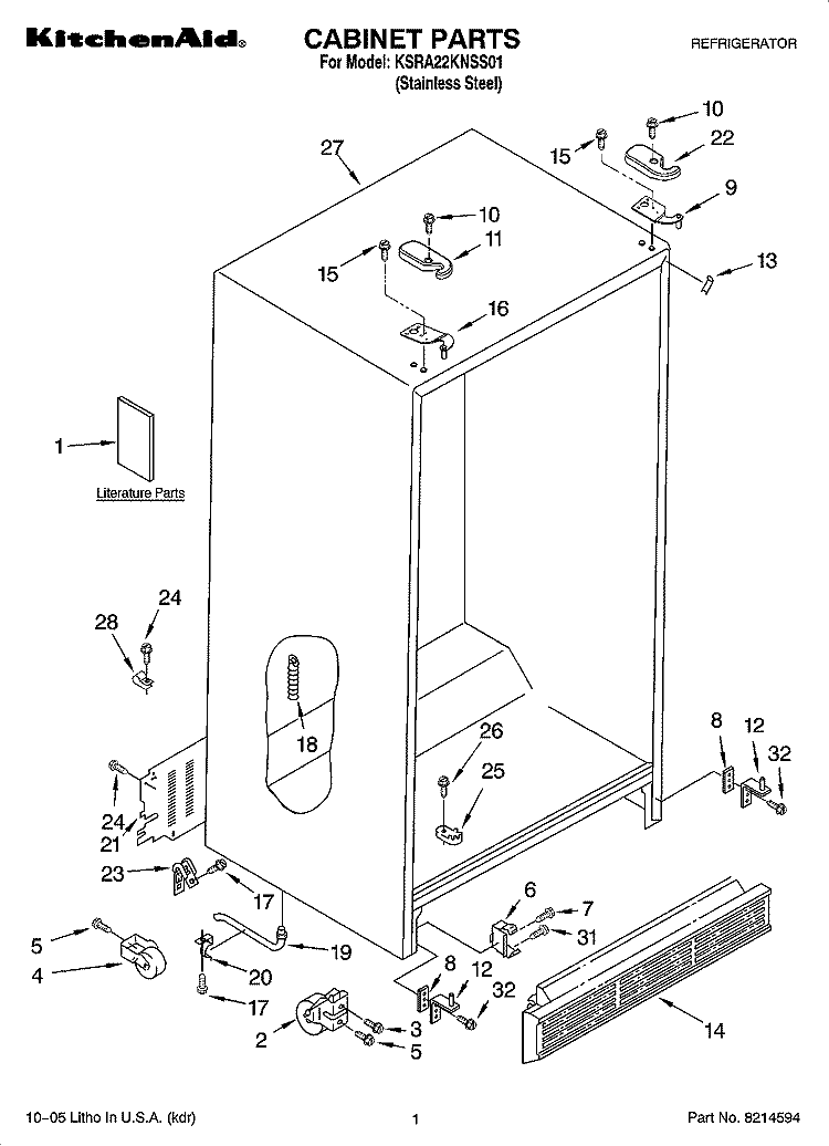 CABINET PARTS Diagram and Parts List for KSRA22KNSS01  KitchenAid Refrigerator