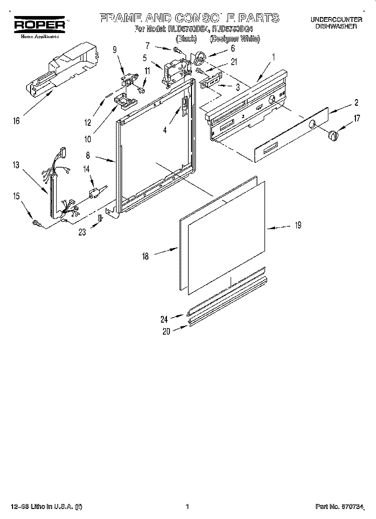 FRAME AND CONSOLE Diagram and Parts List for RUD5750DB4  Roper Dishwasher