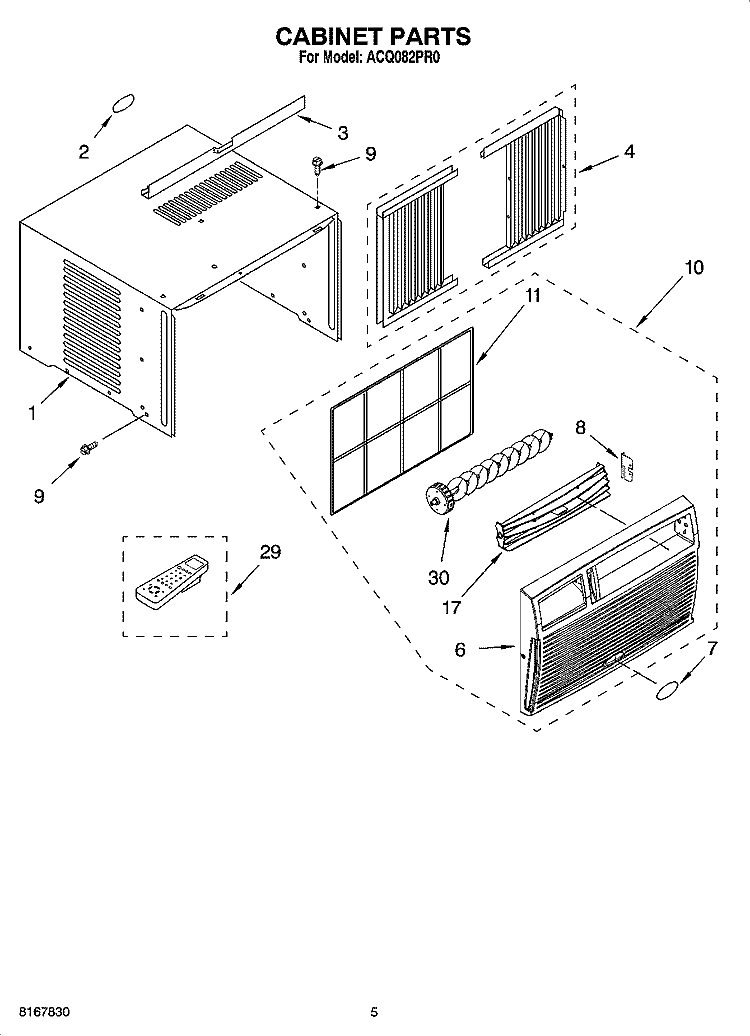 CABINET PARTS Diagram and Parts List for ACQ082PR0  Whirlpool Air Conditioner