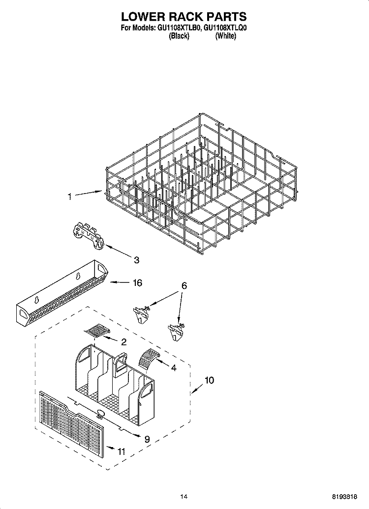 LOWER RACK PARTS Diagram and Parts List for GU1108XTLQ0  Whirlpool Dishwasher