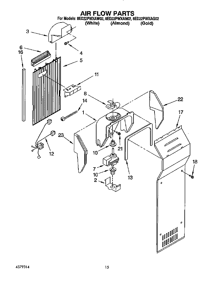AIR FLOW Diagram and Parts List for 8ED22PWXAW02  Whirlpool Refrigerator