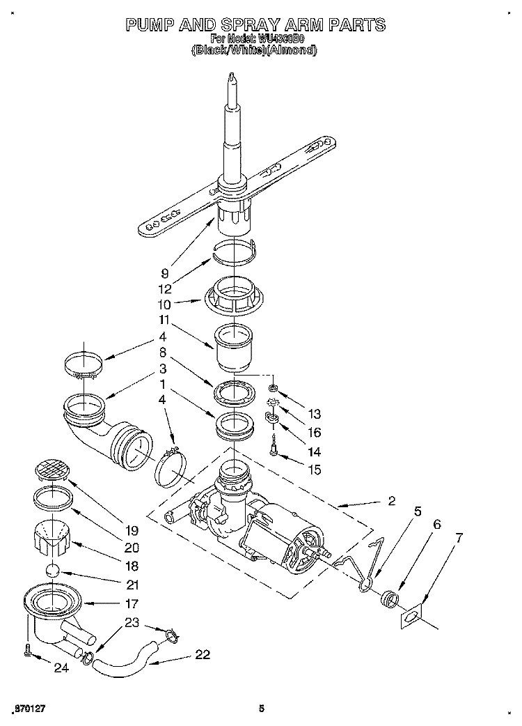 PUMP AND SPRAY ARM Diagram and Parts List for WU4300B0  Roper Dishwasher