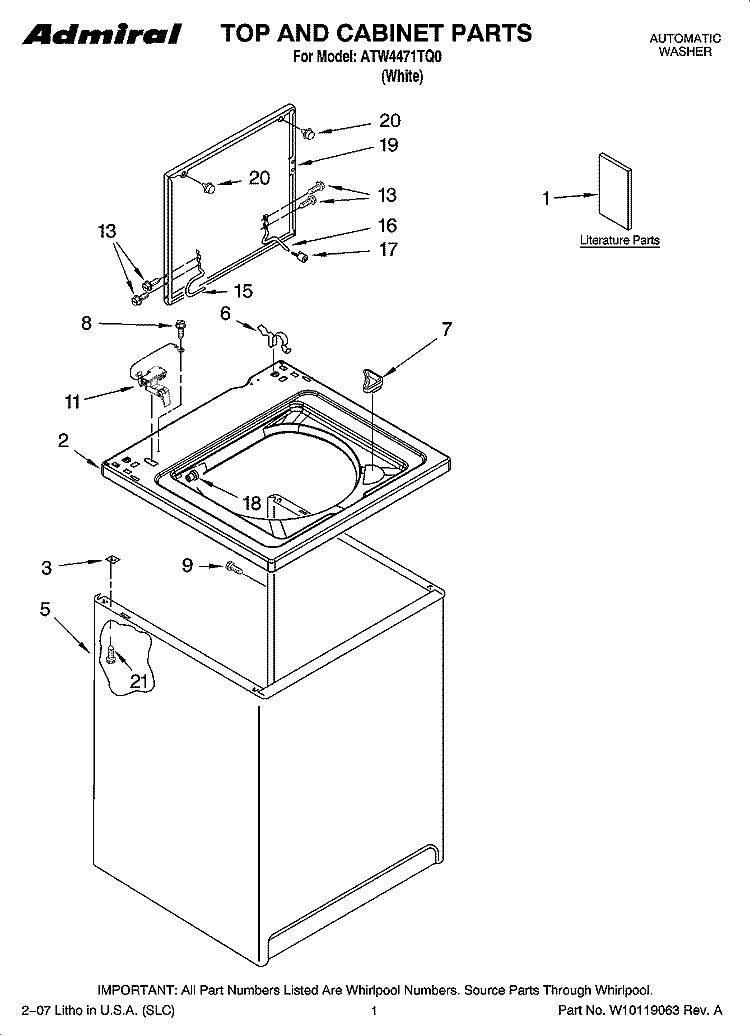 TOP AND CABINET PARTS Diagram and Parts List for ATW4471TQ0  Whirlpool Washer