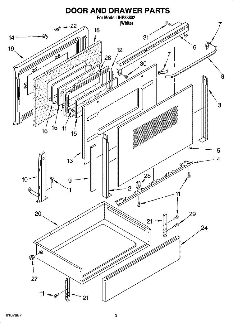 DOOR AND DRAWER PARTS Diagram and Parts List for IHP33802  Inglis Range