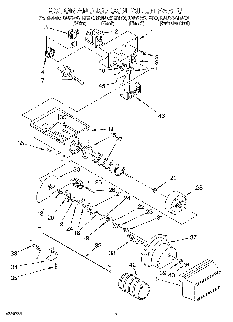 MOTOR AND ICE CONTAINER Diagram and Parts List for KSRS25CHWH00  KitchenAid Refrigerator