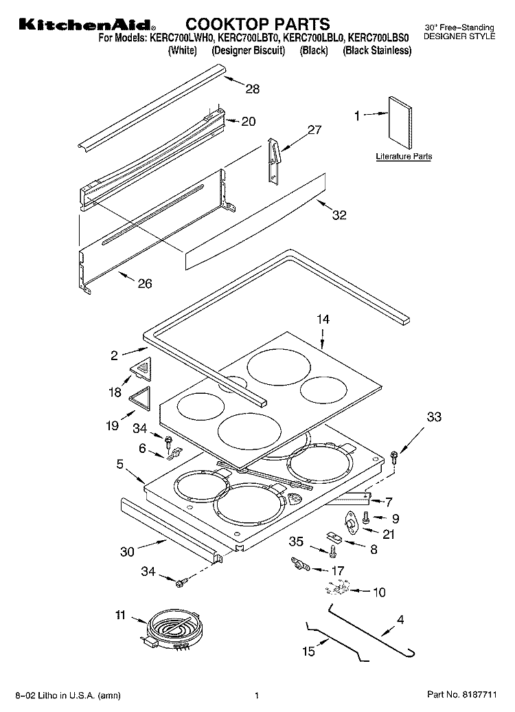 COOKTOP, LITERATURE Diagram and Parts List for KERC700LBL0  KitchenAid Range