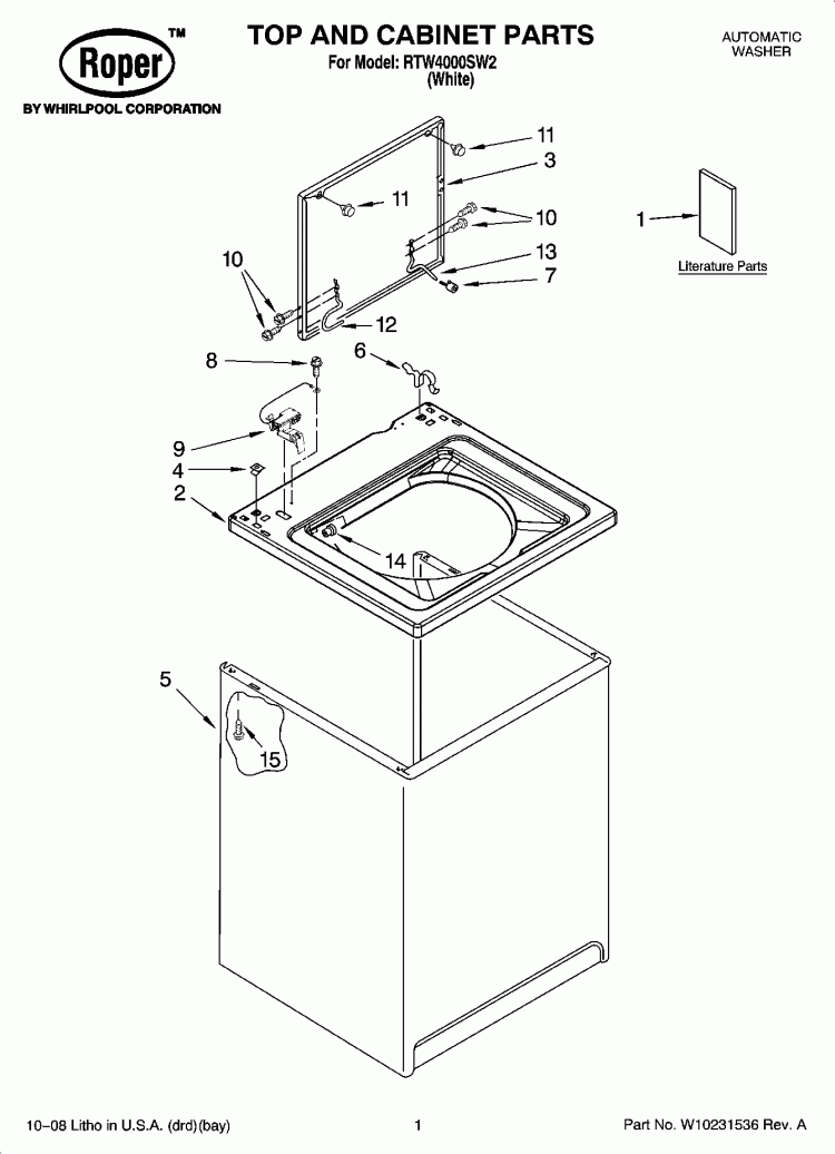 TOP AND CABINET PARTS Diagram and Parts List for RTW4000SW2  Roper Washer