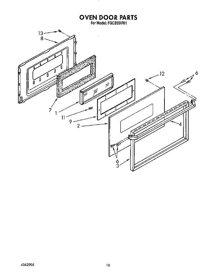 OVEN DOOR, LIT/OPTIONAL Diagram and Parts List for FGC355VL1  Whirlpool Range