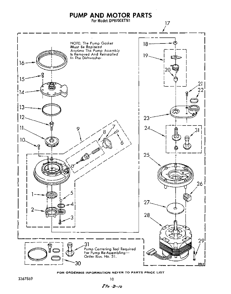 PUMP AND MOTOR Diagram and Parts List for DP8700XTN1  Whirlpool Dishwasher
