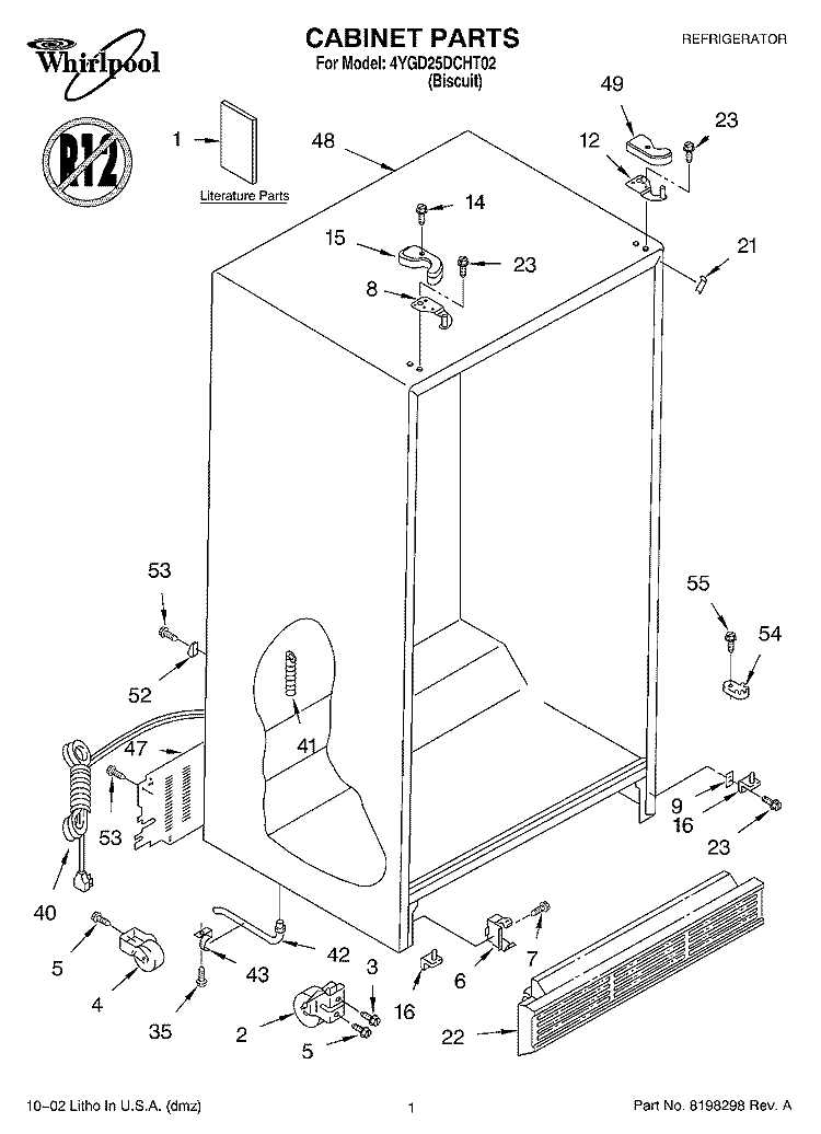 CABINET, LITERATURE Diagram and Parts List for 4YGD25DCHT02  Whirlpool Refrigerator