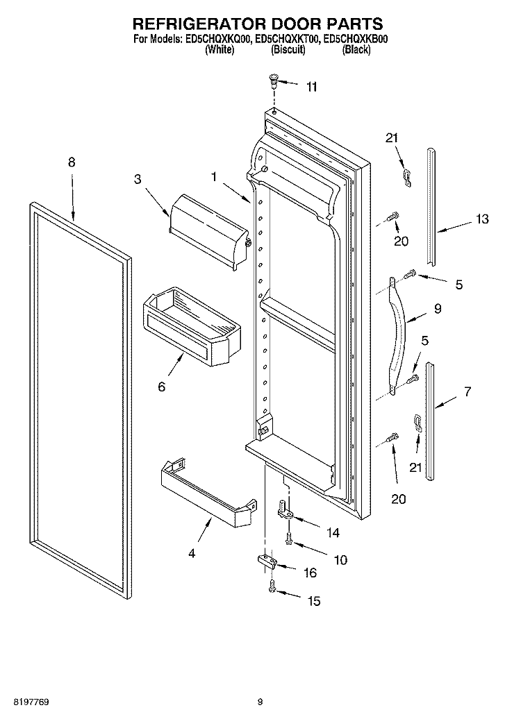 REFRIGERATOR DOOR Diagram and Parts List for ED5CHQXKB00  Whirlpool Refrigerator