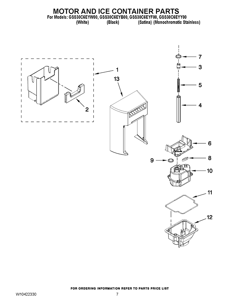 MOTOR AND ICE CONTAINER PARTS Diagram and Parts List for GSS30C6EYF00  Whirlpool Refrigerator