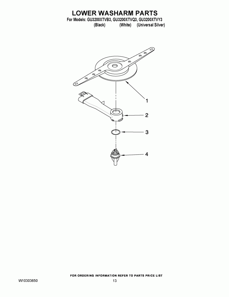 LOWER WASHARM PARTS Diagram and Parts List for GU3200XTVQ3  Whirlpool Dishwasher