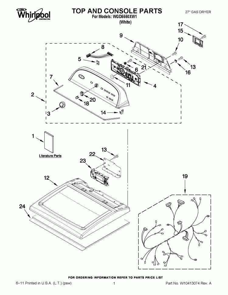 TOP AND CONSOLE PARTS Diagram and Parts List for WGD5550XW1  Whirlpool Dryer