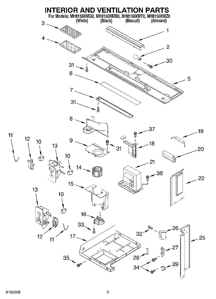 INTERIOR AND VENTILATION PARTS Diagram and Parts List for MH8150XMB0  Whirlpool Microwave