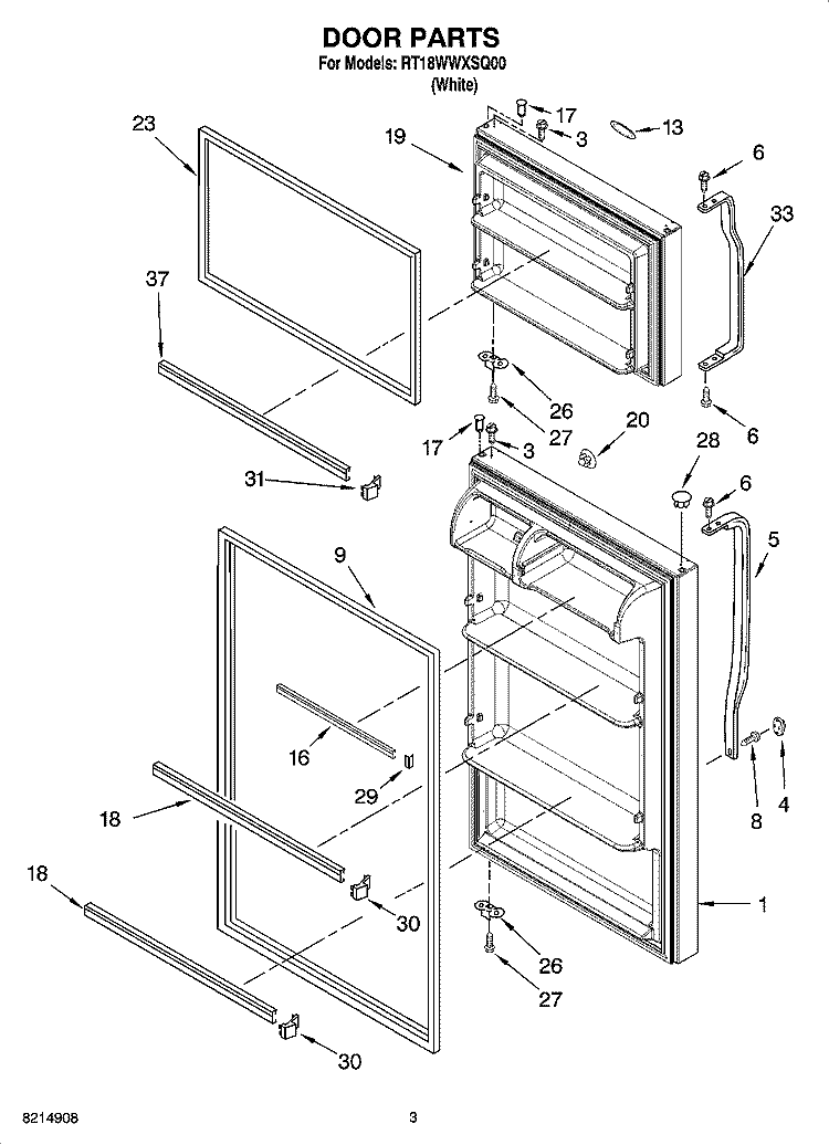 DOOR PARTS Diagram and Parts List for RT18WWXSQ00  Roper Refrigerator
