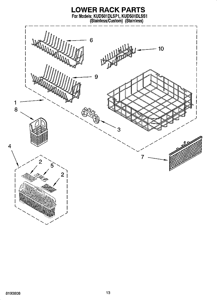 LOWER RACK PARTS Diagram and Parts List for KUDS01DLSS1  KitchenAid Dishwasher