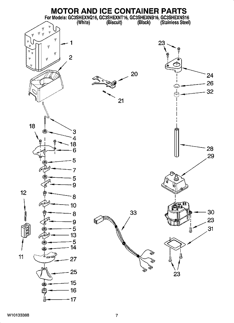 MOTOR AND ICE CONTAINER PARTS Diagram and Parts List for GC3SHEXNT16  Whirlpool Refrigerator