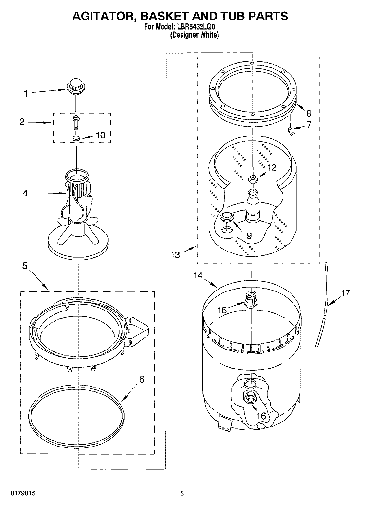 AGITATOR, BASKET AND TUB Diagram and Parts List for LBR5432LQ0  Whirlpool Washer