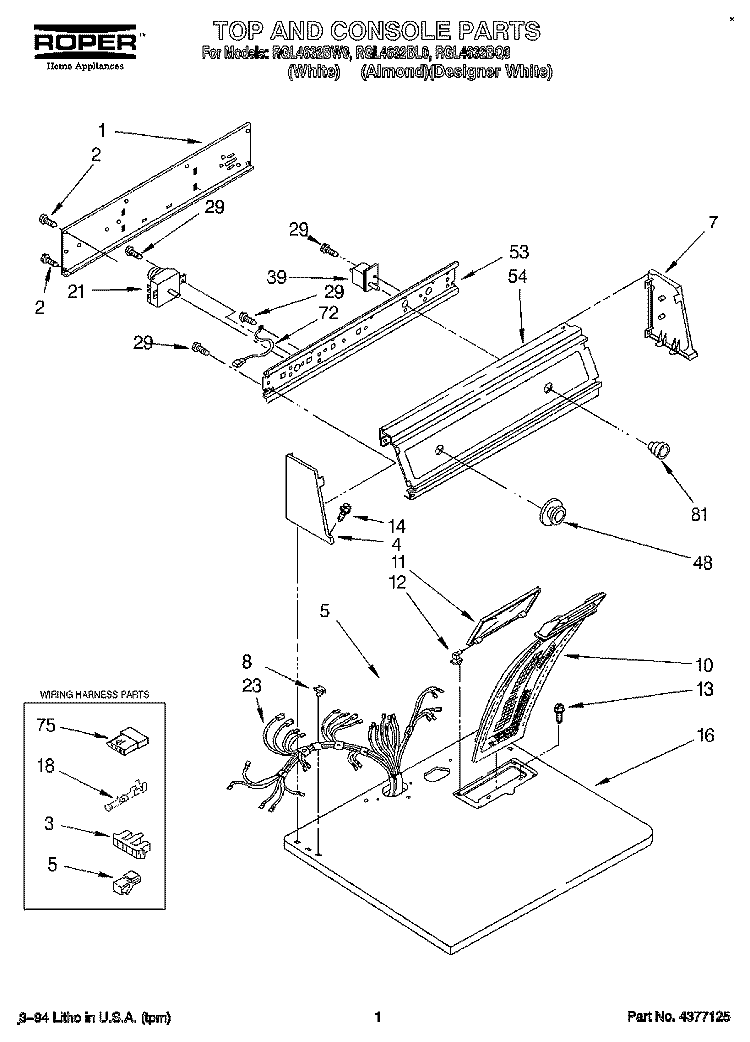 TOP AND CONSOLE, LIT/OPTIONAL Diagram and Parts List for RGL4632BL0  Roper Dryer