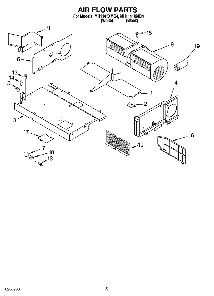 AIR FLOW PARTS Diagram and Parts List for MH1141XMB4  Whirlpool Microwave